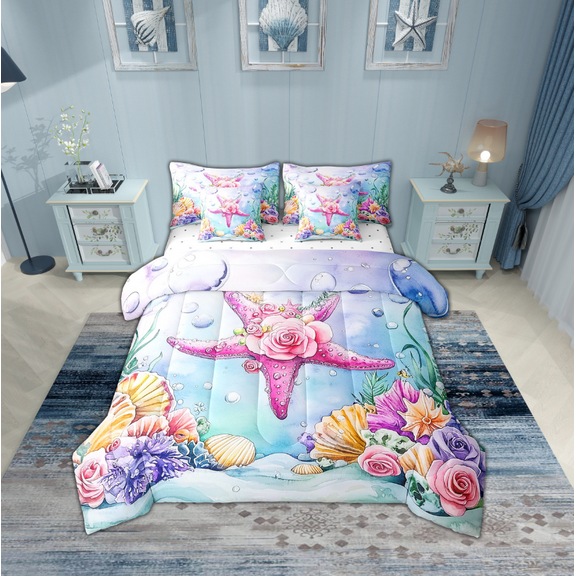Erosebridal Teen Flower Starfish Bedding Sets Twin Size,Cartoon Sealife Comforter Sets with Sheets,Marine Room Decorative,Breathable,7pcs