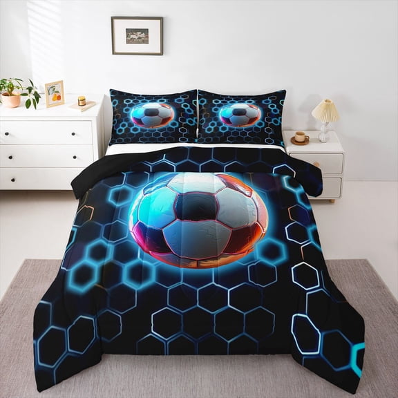 Erosebridal Football Soccer Queen Comforter Set for Kids, Neon Honeycomb Bedding Comforter Set, Black Reversible, 3pcs
