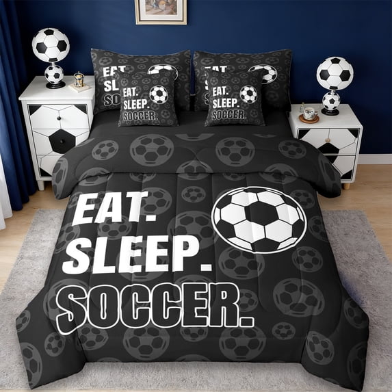 Erosebridal Football Sport 7 Pieces Bedding Comforter Set For Boys,Soccer Theme Kids Full Bedding Set For Ball Games Lover,Reversible Black