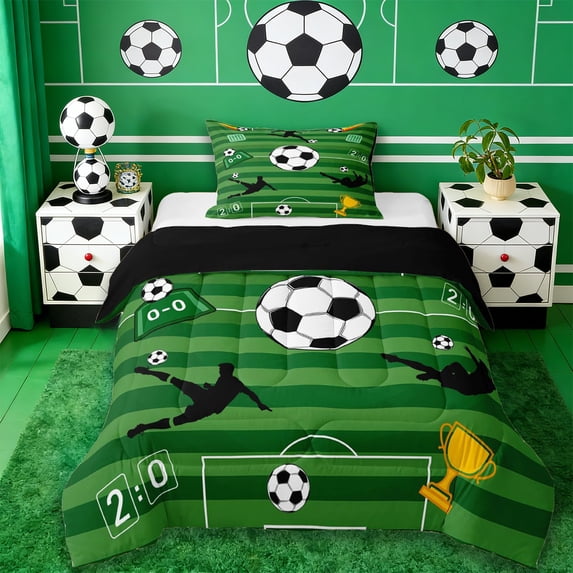 Erosebridal Football Sport Gamer Twin Comforter Sets,Soccer Ball Games Kids Bedding Set,Reversible Black 2 Pieces