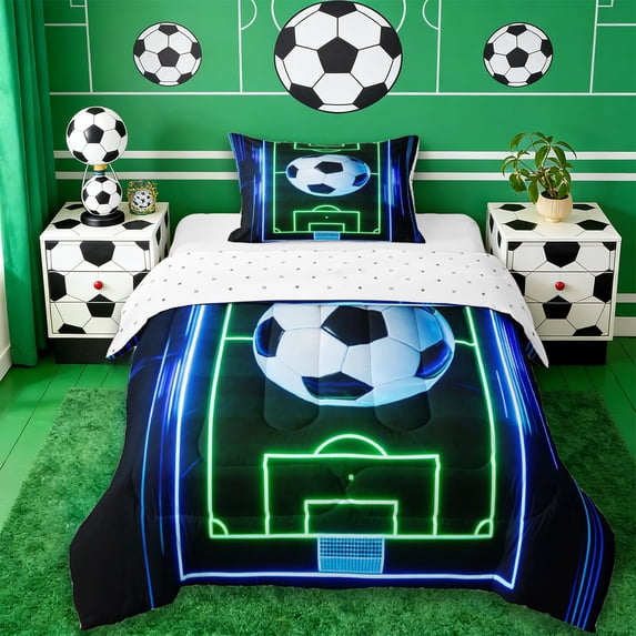 Erosebridal Football Sport Games Twin Comforter Sets,Cartoon Soccer Court Print Bedding Set For Kids Boys,Reversible 2-Piece