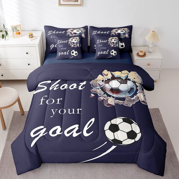 Erosebridal Football Sports Bedding Queen Size,Soccer Theme Bed Set,Deep Blue Bedding Sets Queen Size For Teens, Ultra Soft Bedroom Decorative Reversible,7pcs