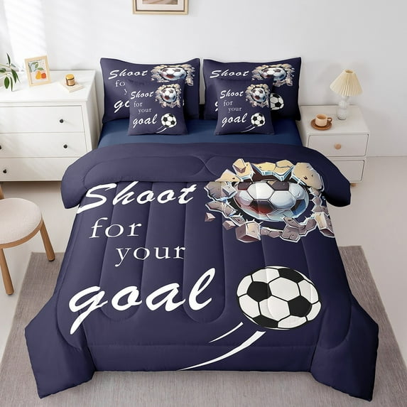 Erosebridal Football Sports Bedding Sets King Size,Soccer Theme Comforter Sets with Sheets,Deep Blue Bed in a Bag King Size For Teens, Ultra Soft Bedroom Decorative Reversible,7-Piece