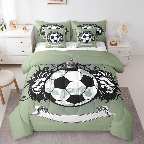 Erosebridal Football Sports Games Bed in a Bag Twin Size,Jungle Animal Lions Bed Set,Lightgreen Black Bedding Twin Size,Ultra Soft Bedroom Decoration Reversible,7 Pieces