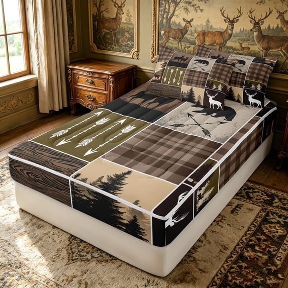 Erosebridal Forest Animal Arrow Zipper Queen Comforter Set with Fitted Sheet and 2 Pillowcases for Women Men, Patchwork Check Plaid Zipper Bedding Set, Olive, Black Reversible, 4-Piece