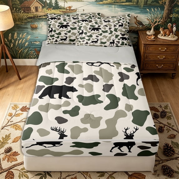 Erosebridal Forest Camouflage Pattern Zipper Queen Comforter Set with Fitted Sheet and 2 Pillowcases,Deer Bear Silhouette Print Zipper Bedding Set,Green Black,Grey Reversible