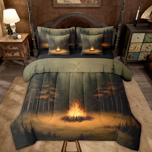 Erosebridal Forest Campfire Twin Bedding Sets, Pine Tree Bedding Comforter Set for Men and Women, 7-Piece
