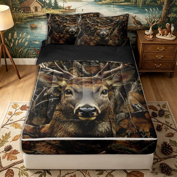 Erosebridal Forest Stag Pattern Zipper Twin Comforter Sets with Fitted Sheet and 2 Pillowcases,Dry Leaf Print Zipper Bedding Set,Brown Green Khaki,Black Reversible
