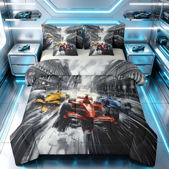 Erosebridal Formula Car King Bedding, Race Track King Bed in a Bag, Black White Track, Gray Reversible 7pcs