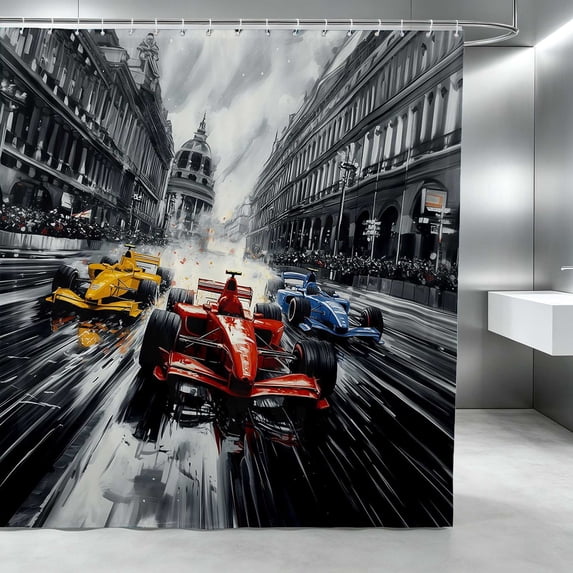 Erosebridal Formula Car Shower Curtain 72Wx72L, Race Track Bathroom Curtain, Black White Track
