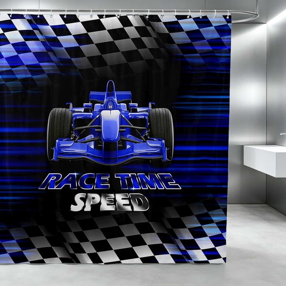 Erosebridal Formula Car Shower Curtain 72Wx84L, Race Track Bathroom Shower Curtain, Blue RACE TIME