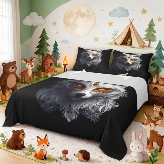 Erosebridal Fox Bed Sheets for Boys Girls, Golden Swirls Full Size Sheets, 4-Piece 1 Flat Sheet 1 Fitted Sheet and 2 Pillowcases