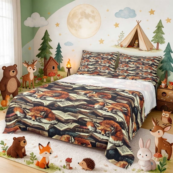 Erosebridal Fox Bed Sheets for Boys Girls, Vintage Books Full Size Sheets, 4pcs 1 Flat Sheet 1 Fitted Sheet and 2 Pillowcases