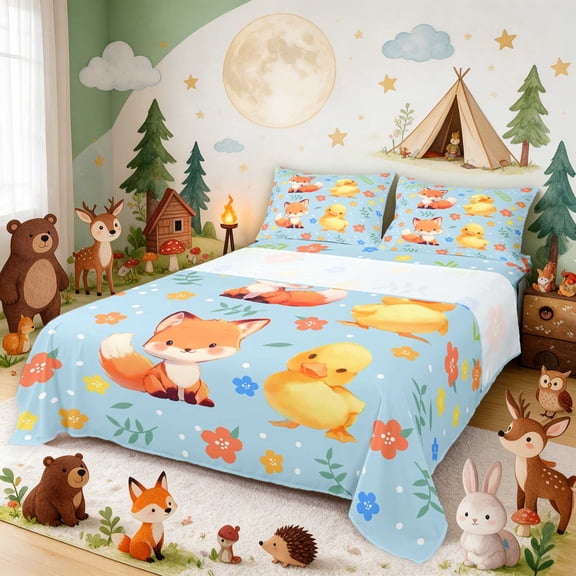 Erosebridal Fox Bed Sheets for Girls, Baby Duck Full Size Sheets, 4pcs 1 Flat Sheet 1 Fitted Sheet and 2 Pillowcases