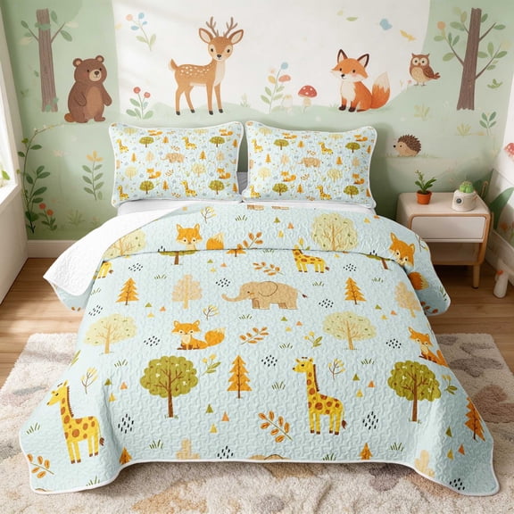 Erosebridal Fox Bed Spread Queen for Boys Girls, Blue Forest Queen Coverlet Set, 3 Pieces 1 Quilt and 2 Pillowcases
