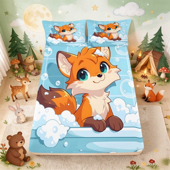 Erosebridal Fox Fitted Sheet Full for Boys Girls, Bubble Bath Bed Set, 3-Piece 1 Fitted Sheet and 2 Pillowcases