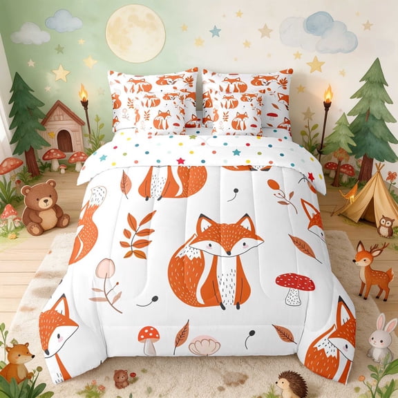 Erosebridal Fox Full Size Bedding Sets for Boys Girls, Mushroom Forest Full Size Bed in a Bag, Polka Dots Reversible 7pcs