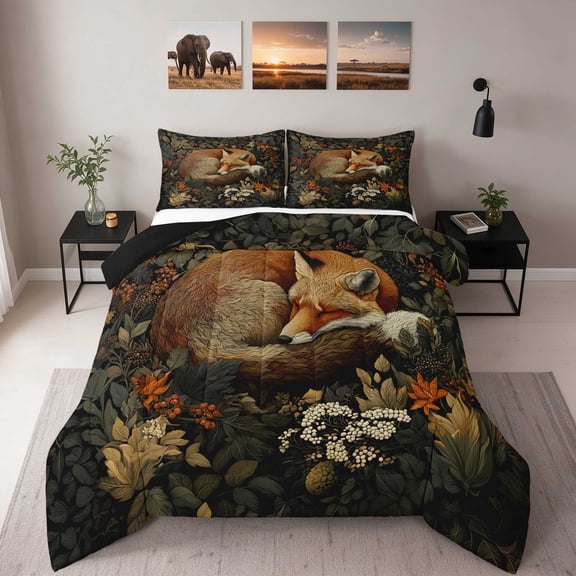 Erosebridal Fox Full Size Comforter Sets, Dark Botanical Bedding Comforter Set, Black Reversible 3pcs 1 Comforter and 2 Pillowcases