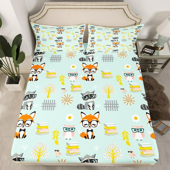 Erosebridal Fox Bedding Set Cute Raccoon Bed Sheets Queen Size,Kawaii Owl Pattern Fitted Sheet Teens Bedroom Cartonn Animals Sheets,Green(No Top Sheet)
