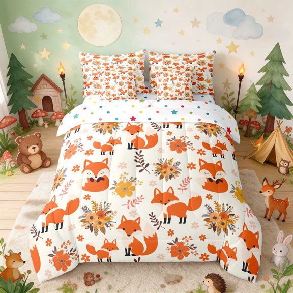 Erosebridal Fox Queen Bedding for Girls, Autumn Flowers Bedding Comforter Set Queen, Polka Dots Reversible 7 Pieces