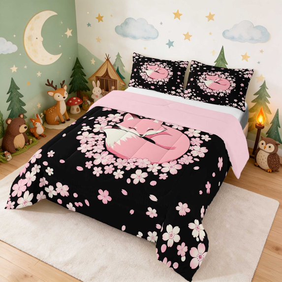 Erosebridal Fox Queen Comforter Set for Girls, Sakura Petals Comforter Sets Queen, Pink Reversible 3-Piece 1 Comforter and 2 Pillowcases