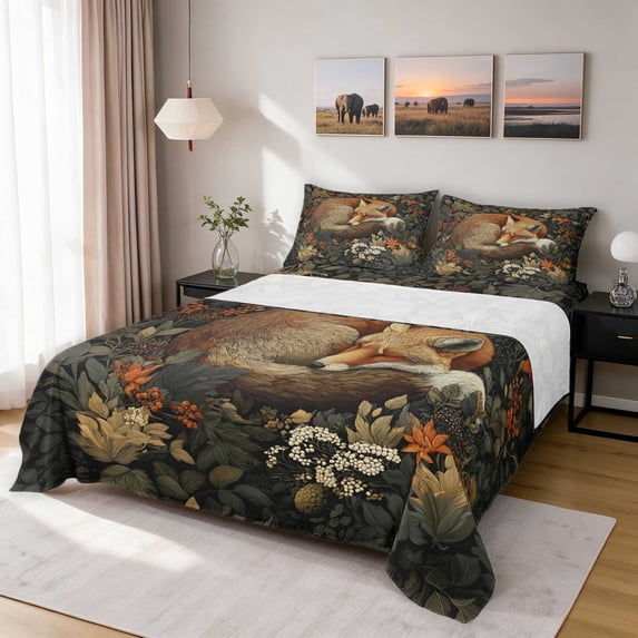 Erosebridal Fox Queen Sheets, Dark Botanical Queen Sheet Sets, 4 Pieces 1 Flat Sheet 1 Fitted Sheet and 2 Pillowcases