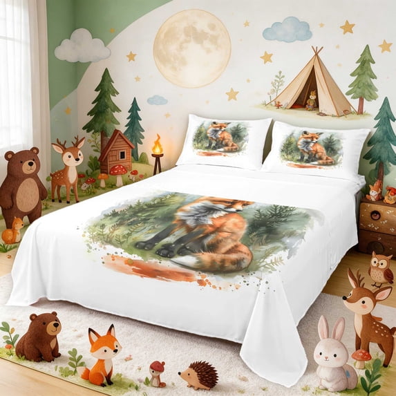Erosebridal Fox Queen Sheets for Boys Girls, Pine Forest Queen Sheet Sets, 4 Pieces 1 Flat Sheet 1 Fitted Sheet and 2 Pillowcases
