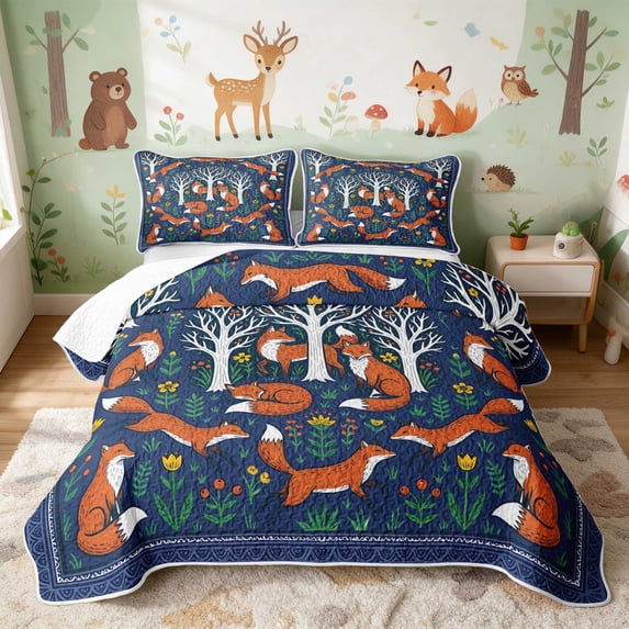 Erosebridal Fox Quilt King for Boys Girls, Navy Folk King Coverlet Set, 3-Piece 1 Bedspread and 2 Pillowcases