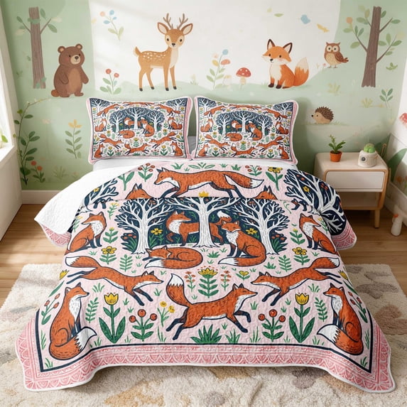 Erosebridal Fox Quilt King for Girls, Folk Forest King Coverlet Set, 3 Pieces 1 Bedspread and 2 Pillowcases