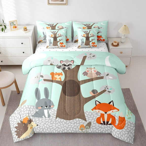 Erosebridal Fox Rabbit Hedgehog Bedding Queen Size,Owl Squirrel Comforter Sets with Sheets,Cartoon Animal Bedding Sets Queen Size,Breathable Kids Bedroom Decor,7 Pieces