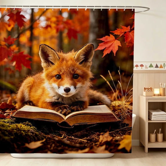 Erosebridal Fox Shower Curtain 72Wx72L for Boys Girls, Autumn Book Waterproof Bathroom Curtain
