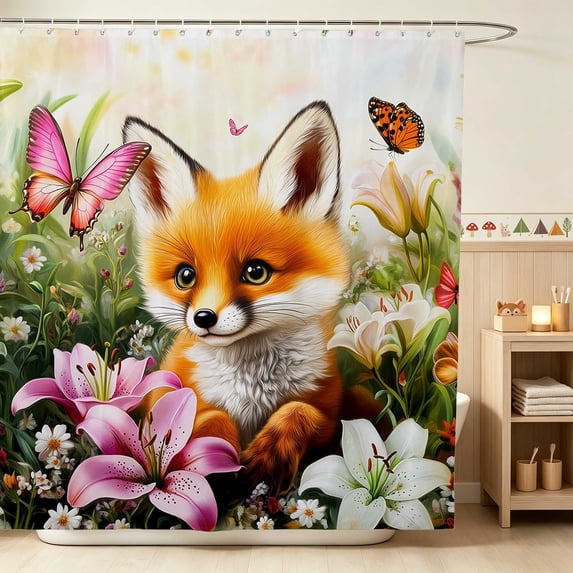 Erosebridal Fox Shower Curtain 72Wx72L for Girls, Pink Lilies Waterproof Bathroom Curtain