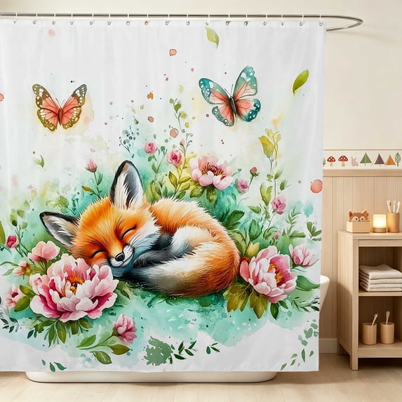 Erosebridal Fox Shower Curtain 72Wx78L for Girls, Peony Garden Waterproof Bath Curtain
