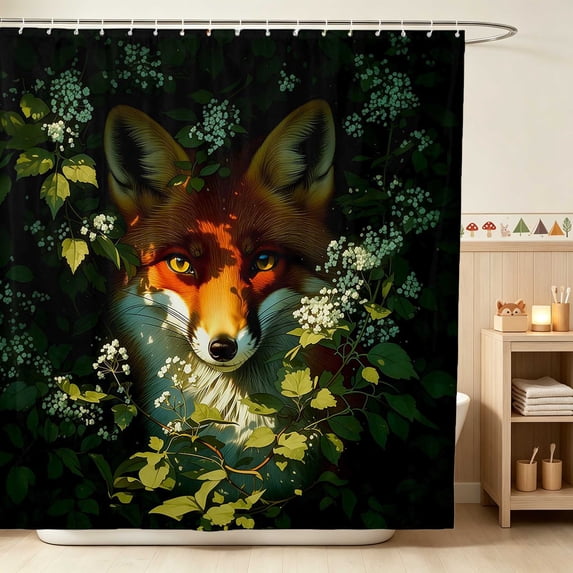 Erosebridal Fox Shower Curtain 72Wx84L for Boys Girls, Green Foliage Waterproof Bathroom Shower Curtain