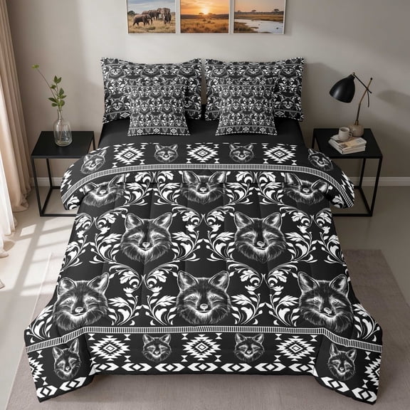 Erosebridal Fox Twin Bedding, Monochrome Damask Bedding Comforter Set, Black Reversible 7pcs
