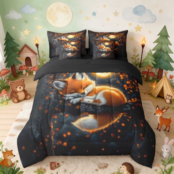 Erosebridal Fox Twin Bedding for Boys Girls, Moonlit Night Bedding Comforter Set, Black Reversible 7-Piece