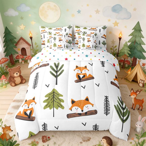Erosebridal Fox Twin Bedding for Boys Girls, Pine Forest Bedding Comforter Set, Polka Dots Reversible 7pcs