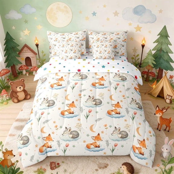 Erosebridal Fox Twin Bedding for Boys Girls, Sleepy Clouds Bedding Comforter Set, Polka Dots Reversible 7pcs