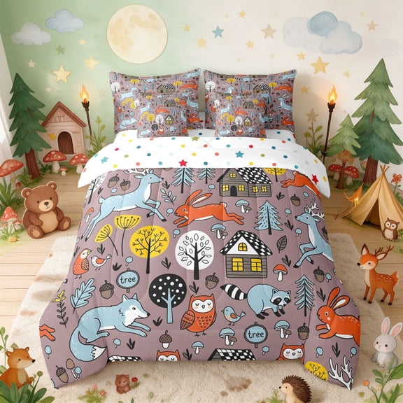 Erosebridal Fox Twin Bedding for Boys Girls, Woodland Cabins Bedding Comforter Set, Polka Dots Reversible 7 Pieces