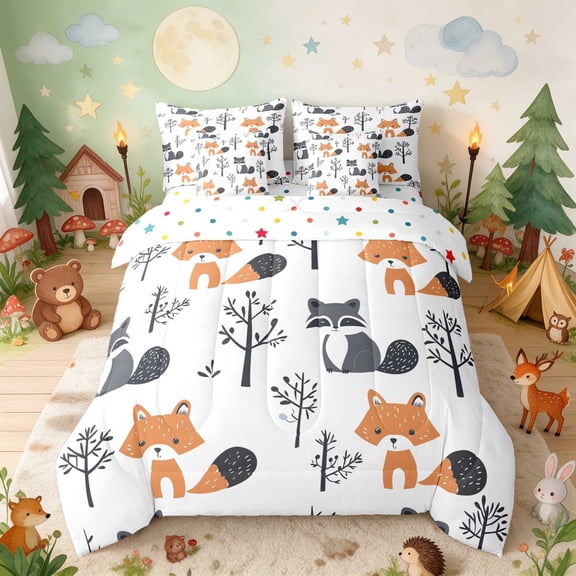 Erosebridal Fox Twin Bedding for Boys Girls, Woodland Raccoon Bedding Comforter Set, Polka Dots Reversible 7 Pieces