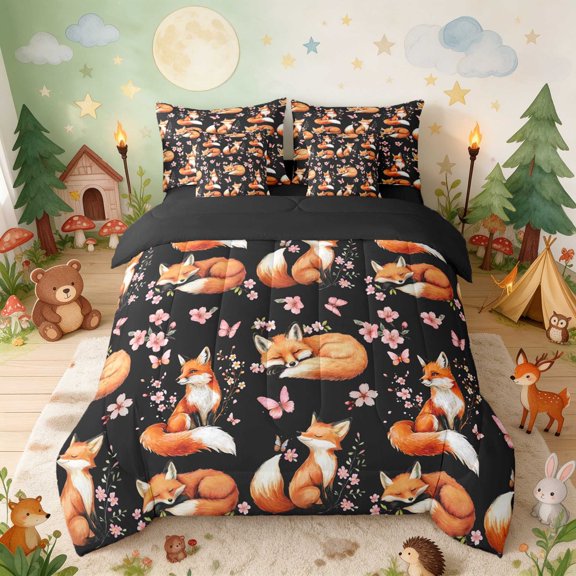 Erosebridal Fox Twin Bedding for Girls, Cherry Blossom Bedding Comforter Set, Black Reversible 7 Pieces
