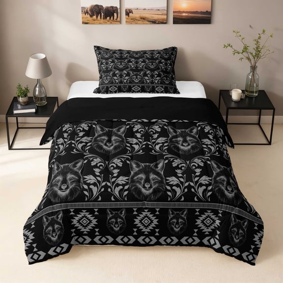 Erosebridal Fox Twin Comforter Sets, Black Damask Bedding Set, Black Reversible 2 Pieces 1 Comforter and 1 Pillowcase