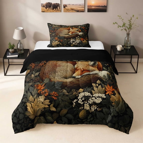 Erosebridal Fox Twin Comforter Sets, Dark Botanical Bedding Set, Black Reversible 2-Piece 1 Comforter and 1 Pillowcase