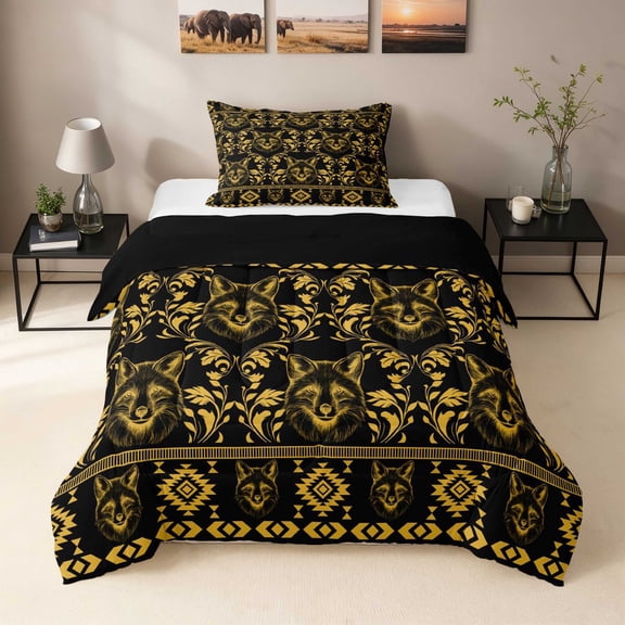 Erosebridal Fox Twin Comforter Sets, Gold Damask Bedding Set, Black Reversible 2pcs 1 Comforter and 1 Pillowcase