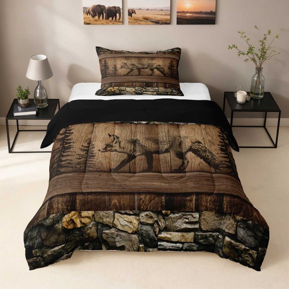 Erosebridal Fox Twin Comforter Sets, Rustic Wood Bedding Set, Black Reversible 2pcs 1 Comforter and 1 Pillowcase