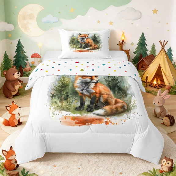 Erosebridal Fox Twin Comforter Sets for Boys Girls, Pine Forest Bedding Set, Polka Dots Reversible 2-Piece 1 Comforter and 1 Pillowcase