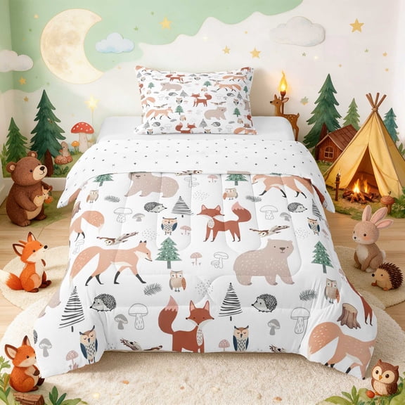 Erosebridal Fox Twin Comforter Sets for Boys Girls, Woodland Friends Bedding Set, Reversible 2-Piece 1 Comforter and 1 Pillowcase