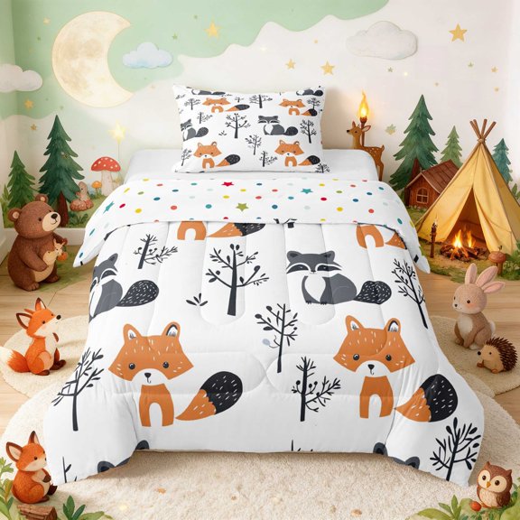 Erosebridal Fox Twin Comforter Sets for Boys Girls, Woodland Raccoon Bedding Set, Polka Dots Reversible 2 Pieces 1 Comforter and 1 Pillowcase