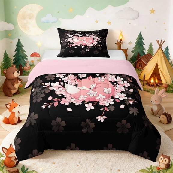 Erosebridal Fox Twin Comforter Sets for Girls, Cherry Blossom Bedding Set, Pink Reversible 2-Piece 1 Comforter and 1 Pillowcase