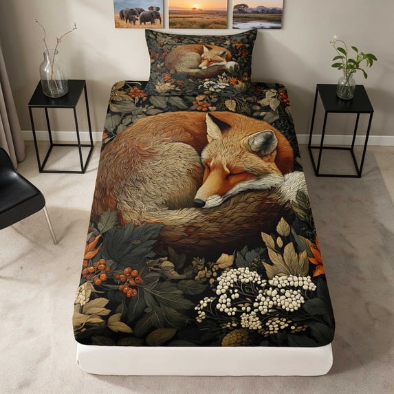 Erosebridal Fox Twin Fitted Sheet, Dark Botanical Bedding, 2-Piece 1 Fitted Sheet and 1 Pillowcase